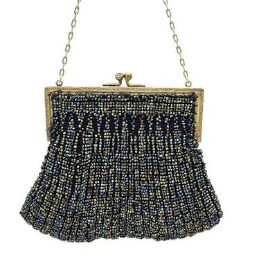  Antique Victorian Iridescent Beaded Purse With Embossed Frame with Chain