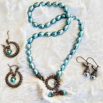 Beautiful Bright Blue Rice-Shaped Freshwater Pearls with Two Matching Earring Sets by Barbara Bixby