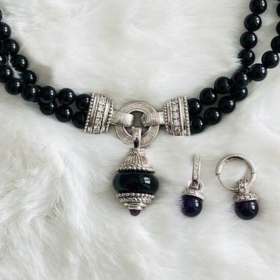 Elegant Judith Ripka Black Onyx Bead Necklace, Pendant and Earring Set in Sterling Silver 