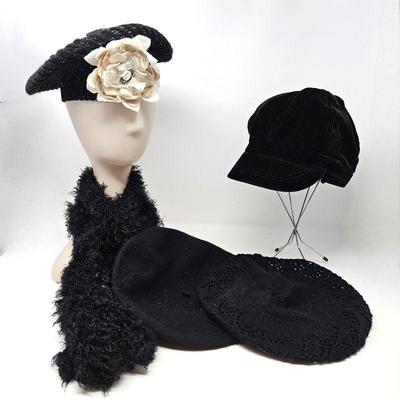  Beret Lover's Lot - Assorted Beret Hats plus Velvet Visor Hat and 60" Long Soft Black Scarf