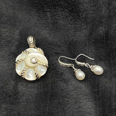 Lot #148 - Judith Ripka Sterling Silver Mother Of Pearl CZ Sea Shell Pendant with Dangling Pearl Earrings