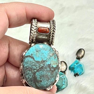 Large Sterling Silver Statement Pendant- Hand Crafted Native American Turquoise & Coral Pendant w/ Earrings 