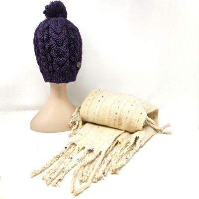  PrAna Brand Purple Knit Pom Hat Plus B.P Brand Large Soft Shawl/Scarf Beige with Multi-Colored Threading