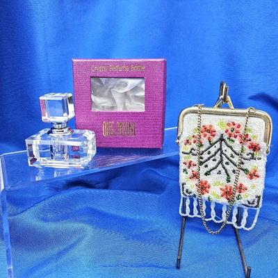 Crystal Oleg Cassini Perfume Bottle Coupled with Vintage Micro Beaded Coin Purse