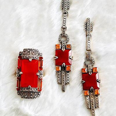 Dallas Prince Art Deco Style Jewelry Set - Sterling and Carnelian Ring & Earrings
