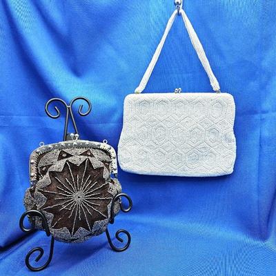  Antique Victorian Beaded Starburst Purse Plus White Beaded Hand Bag by Walborg (Japan)