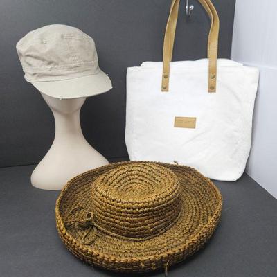 Women's Smith & Hawkin Rafia Sun Hat Plus Distressed Visor Hat & White Cozy Earth Tote Bag