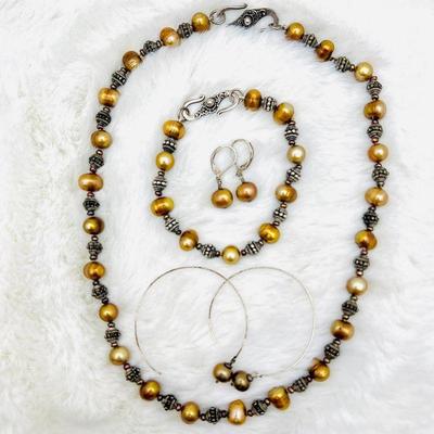  Golden Freshwater Pearls Jewelry Set - Necklace, Earrings, and Bracelet