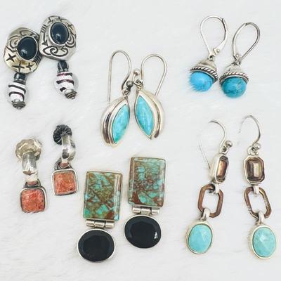 Lot #157 - Six Pairs of Gemstone and Sterling Earrings with Various Designs
