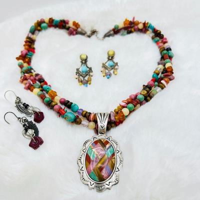 Colorful Southwestern Gemstone and Sterling Silver Set: 3 Strand Necklace & Inlay Pendant-plus Earrings - w/ Gift Box
