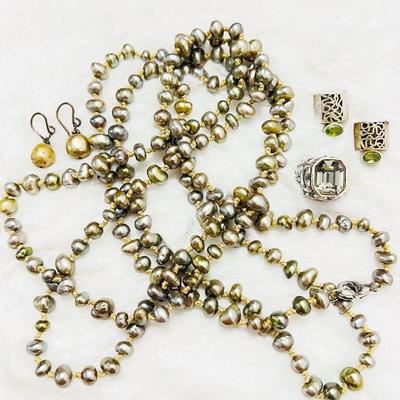 32” Knotted Freshwater Baroque Pearls paired with earrings and ring in silver 