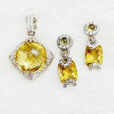 Elegant Judith Ripka Citrine Jewelry Set - Pendant and Earrings in Sterling Silver