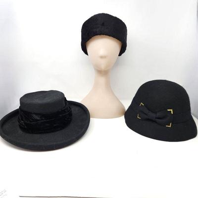 Selection of Women's Hats" Black Cloche - Bollman Doeskin Brimmed Wool Hat - Black Ear Warming Band