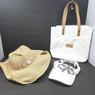 Women's Helen Kaminski 100% Rafia Hat (Australia) Plus White Cozy Earth Tote Bag & Callaway Sun Visor