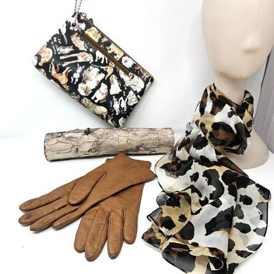 Women's Accessory Lot - Hand Bad Wristlet, Animal Print Sheer Scarf & Leather Gloves w/ Soft Lining