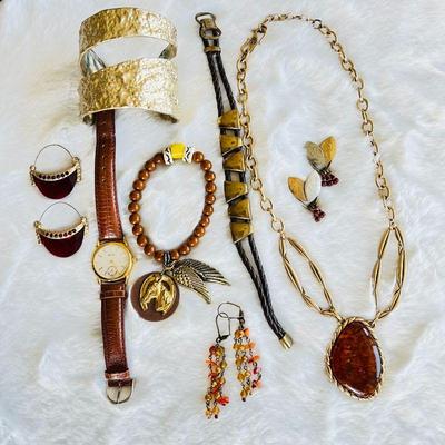 Assorted Jewelry Lot- Gold Tone Bracelets, Earrings, Necklace, Pendant and a Alfex Watch