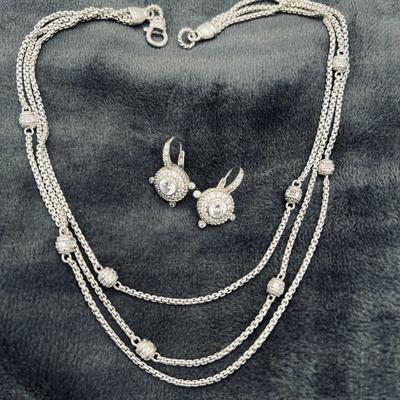 Lot #154 - Elegant Silver Jewelry Set by Judith Ripka - Sterling and CZ. Necklace and Earrings.