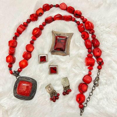 Coral and Sterling Statement Necklace by Barse, and Stunning Sterling with Red Jasper Gemstone Pendant and earrings