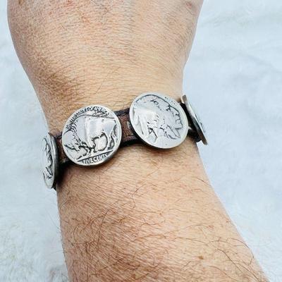 Vintage Leather Wrist Band Bracelet of Buffalo Nickel Old Coins
