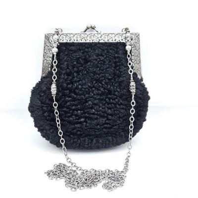 Lot #139 - Vintage Caryne Shaye Black Furry Crossbody Bag with Original Black Lining on a Kiss-Lock Silver Frame