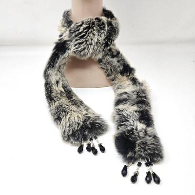  Genuine Rabbit Fur Scarf by Memar Italy - 38"L with Decorative Beads at the Ends