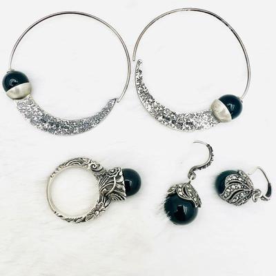 Lot #158 - Stylish Sterling Silver and Black Onyx Jewelry Set - Barse Ring and Two Sets of Earrings