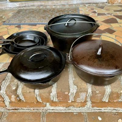 Multiple pieces of vintage cast iron pots and pans made in the USA! The good stuff!!!
