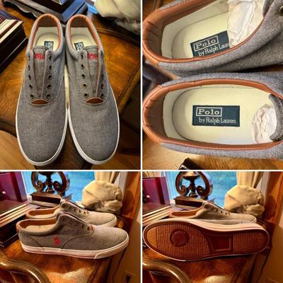 Men’s size 13 new, never worn, gray Polo Ralph Lauren sneakers with leather trim.