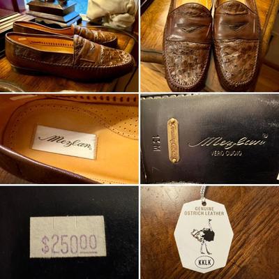 New, never worn, men’s size 13 Italian loafers in ostrich leather. The original $250 price sticker still in place. 