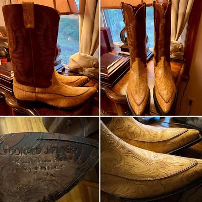 Men’s size 13 western cowboy boots by Donald Pliner. Blonde tooled leather with brown suede boot shaft. 
