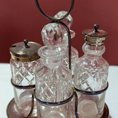 J.B. CHATTERLEY CRUET SET, 5 PIECES, EPNS & CUT GLASS, ENGLISH, c 1910