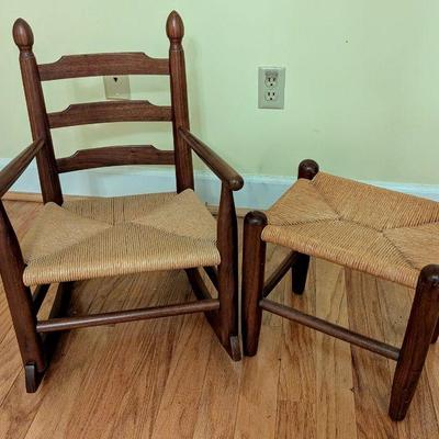child's rocker and foot stool with rush seats