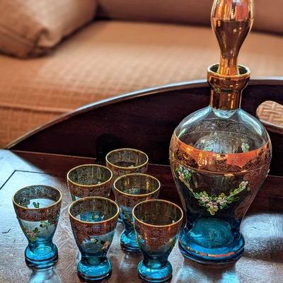 Venician hand painted blue glass cordial set