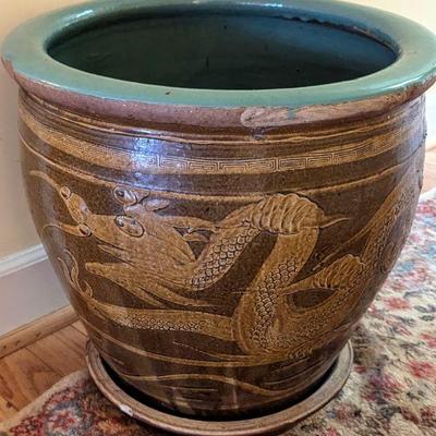 Large Vintage Chinese Egg Pot Jardinière planter & saucer