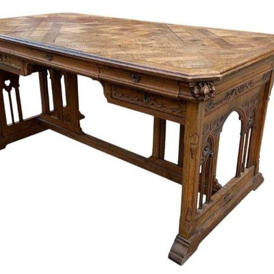 A Gothic Revival Oak Desk w/ Parquetry Top