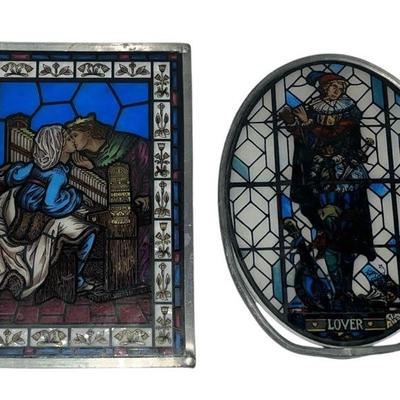 Two Medieval Style Painted Stained Glass Windows