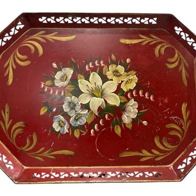 Vintage Hand Painted Red Floral Tole Tray