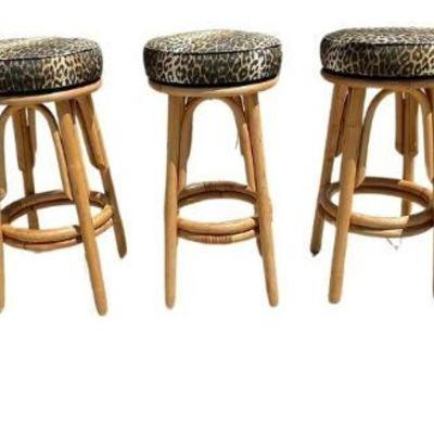 Five Mid Century Cheetah Print Bamboo Barstools