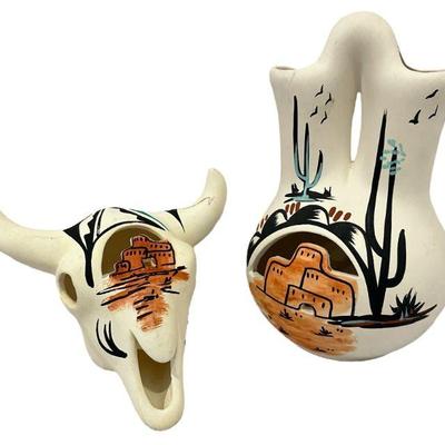 Two L. TOYA Native American Wedding Vase and Skull