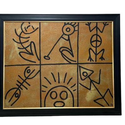 Mid Century Style Cultura Taino Symbol Acrylic on Canvas