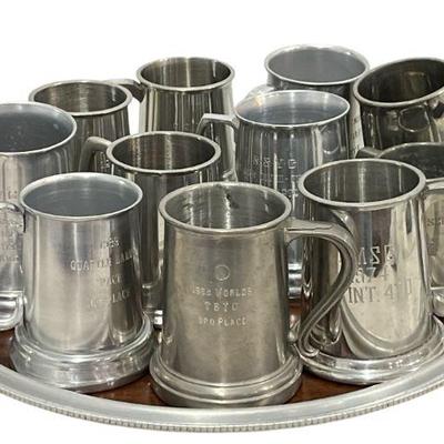 Collection Mid Century Pewter Sailing Trophy Mugs and Tray