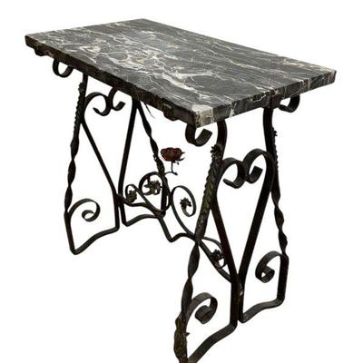 French Art Deco Wrought Iron Marble Top Side Table
