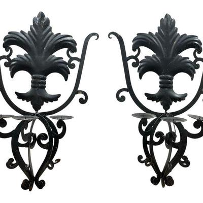 Hand Forged French Art Deco Wall Sconces, Fleur De Lis