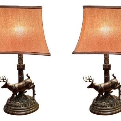 Rustic Jumping Buck Deer Lamps, Pair