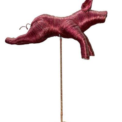 Folk Art Woven Raffia Straw Flying Pig Sculpture