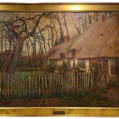 Large Oil on Canvas English Cottage, 19th C