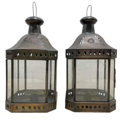 Vintage Mexican Punched Tin Lanterns, Pair