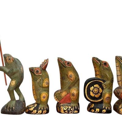 Five Hand Painted Carved Wood Frogs