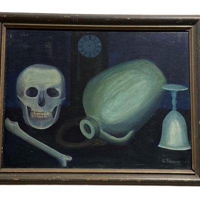 Folk Art Oil on Board, Skeleton & Poison