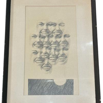 Mid Century Psychedelic Faces Charcoal on Paper